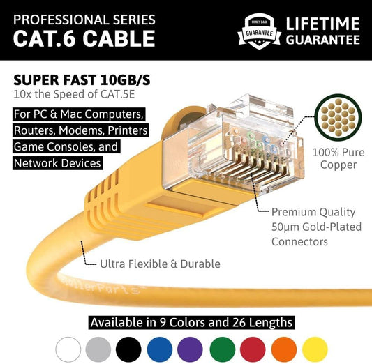 (5 Pack) Ethernet Cable CAT6 Cable UTP Booted 100 FT - Yellow - Professional Series - 10Gigabit/Sec Network/High Speed Internet Cable, 550MHZ