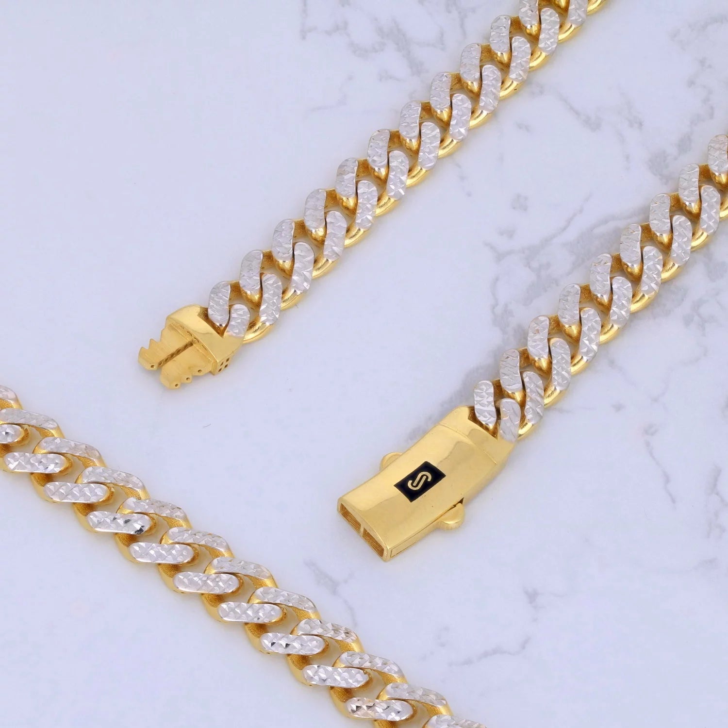 10K Real Yellow Gold Royal Monaco 7.5Mm Miami Cuban Diamond Cut Pave Link Necklace (18"-30") Two Tone Italian Jewelry for Men